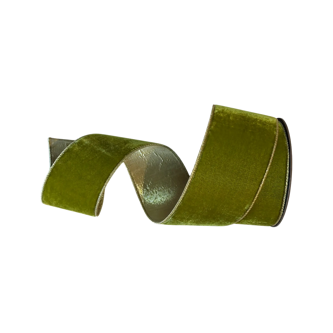 D. Stevens moss green velvet ribbon with metallic gold back from Mood by DMJ, 4 inch wide moss green velvet ribbon with metallic gold backing