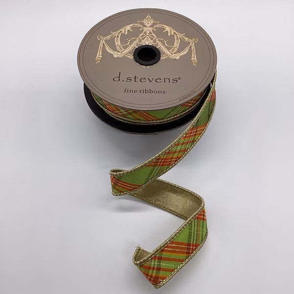 D. Stevens olive, gold, and orange dupion bias cut plaid ribbon from Mood by DMJ, 1 inch wide diagonal plaid ribbon with gold backing