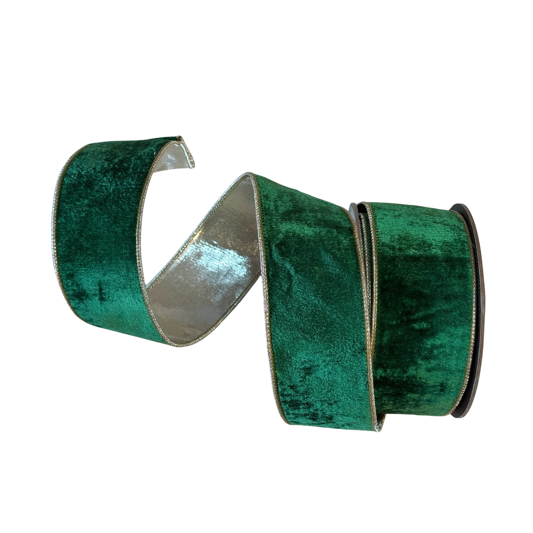 D. Stevens pine green velvet ribbon with silver backing from Mood by DMJ, 2.5 inch wide pine green velvet ribbon with silver backing