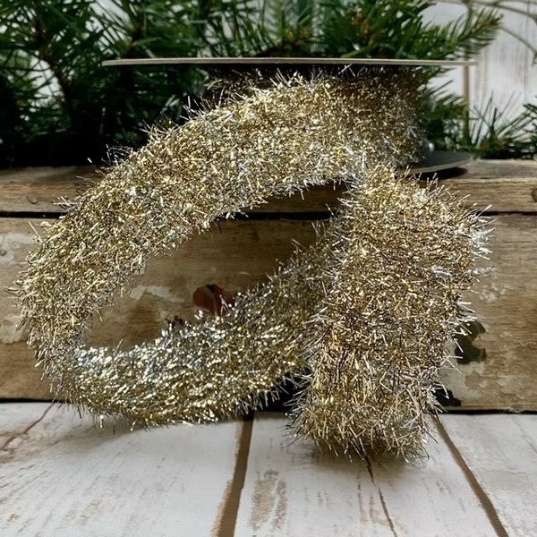 D. Stevens platinum metallic tinsel ribbon from Mood by DMJ, 1.5 inch wide shimmering platinum tinsel garland