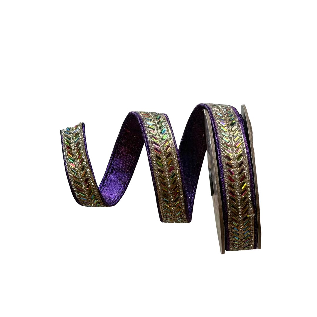 D. Stevens purple metallic dupioni ribbon with jeweled herringbone trim from Mood by DMJ, 1 inch purple metallic dupioni ribbon with jeweled herringbone trim