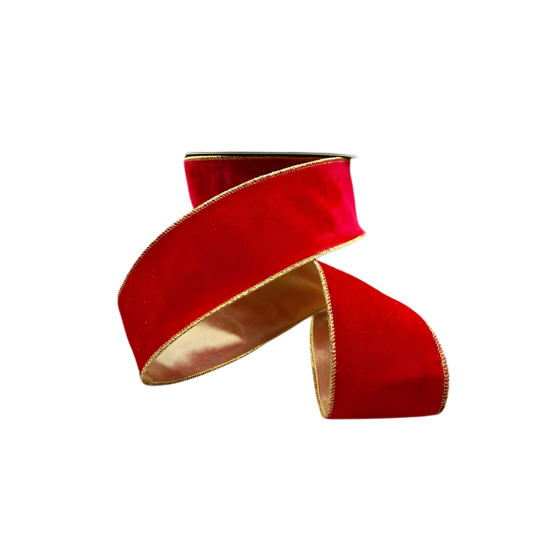 D. Stevens red French velvet ribbon with metallic backing from Mood by DMJ, 2.5 inch wide red French velvet ribbon with metallic backing
