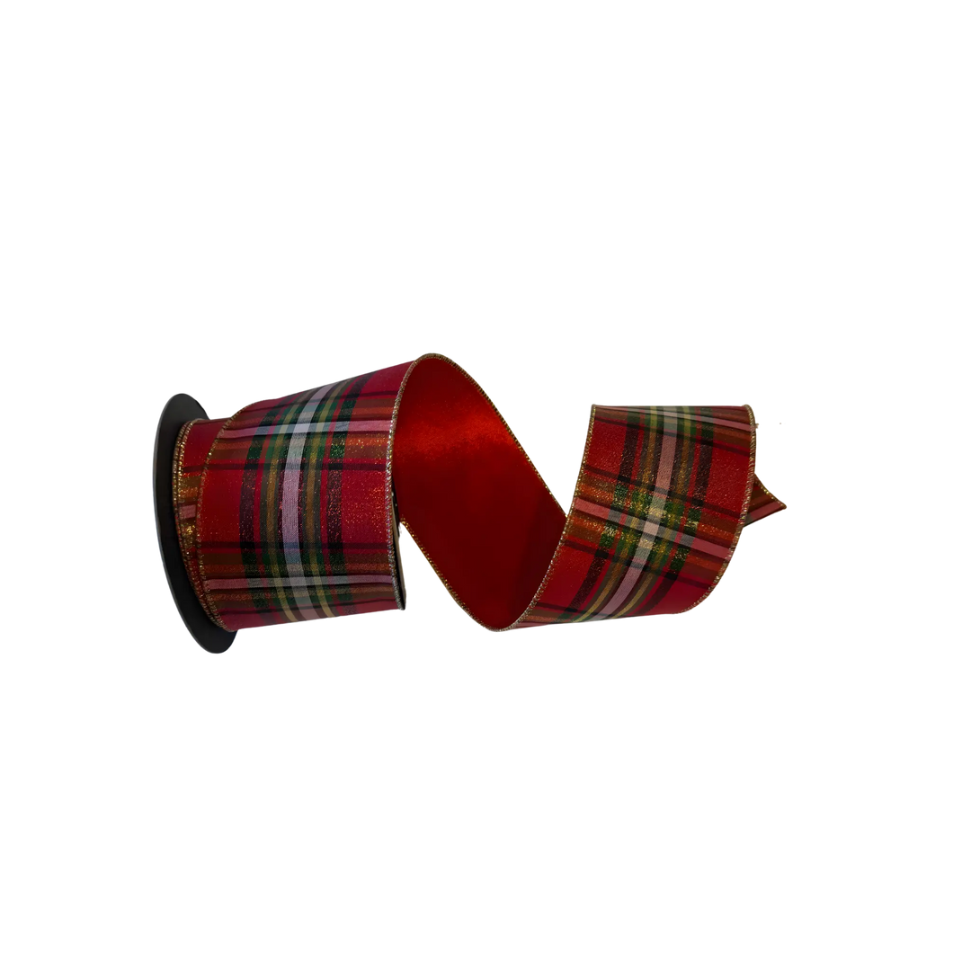 D. Stevens red, green, white and gold metallic plaid ribbon from Mood by DMJ, 4 inch wide red, green, white, and gold metallic plaid Christmas ribbon