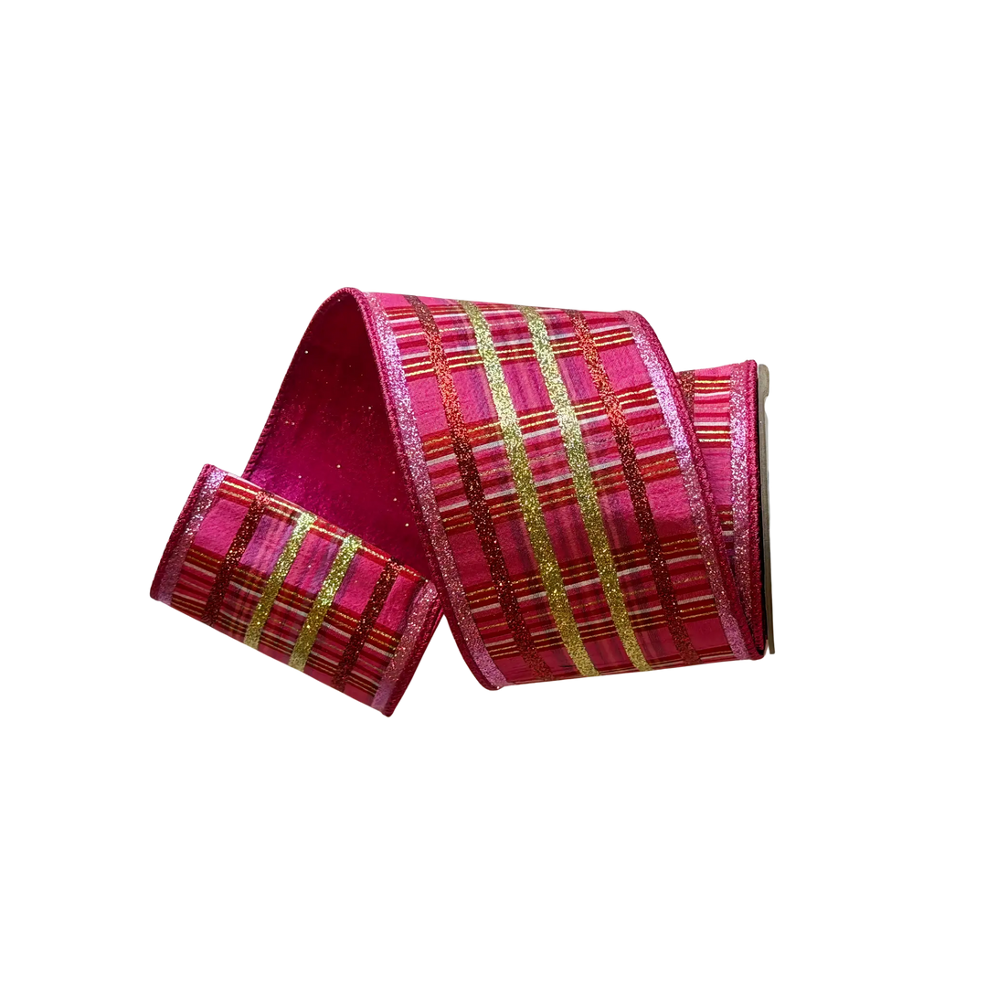 D. Stevens red, pink, and gold plaid glitter faux dupioni ribbon from Mood by DMJ, 4 inch wide red, pink, and gold glitter plaid faux dupioni ribbon