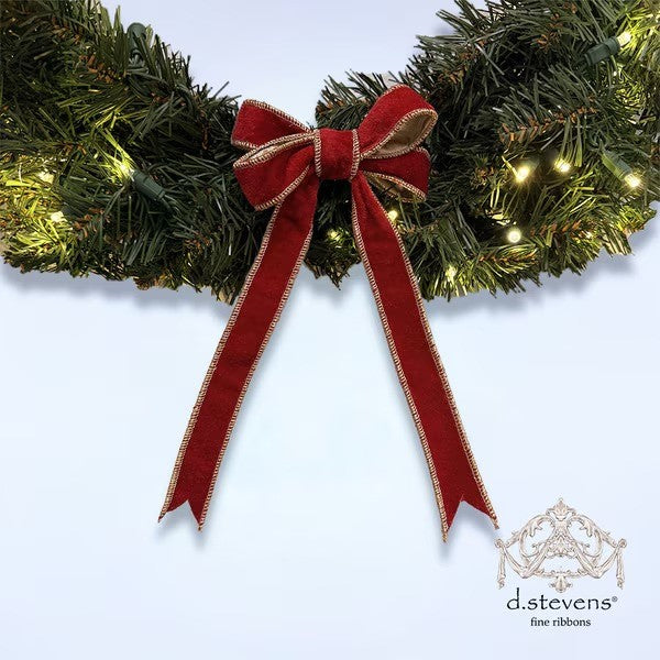 D. Stevens 5 inch red velvet bow with gold back from Mood by DMJ, ready-made red velvet bow with gold edge on a lit Christmas wreath