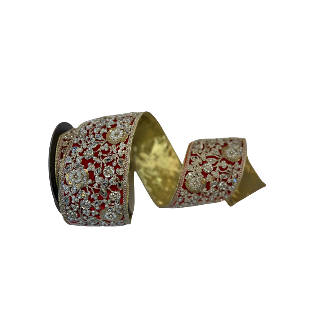 D. Stevens red velvet ribbon embroidered with pearls and jewels from Mood by DMJ, 4 inch wide red velvet ribbon embroidered with pearls and jewels