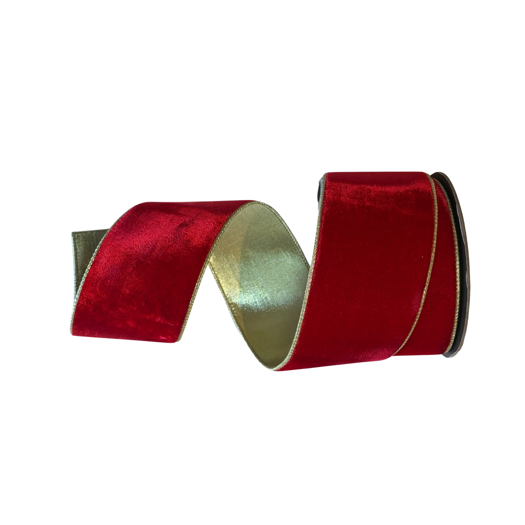 D. Stevens red velvet ribbon with gold backing from Mood by DMJ, 4 inch wide red velvet Christmas ribbon with metallic gold backing