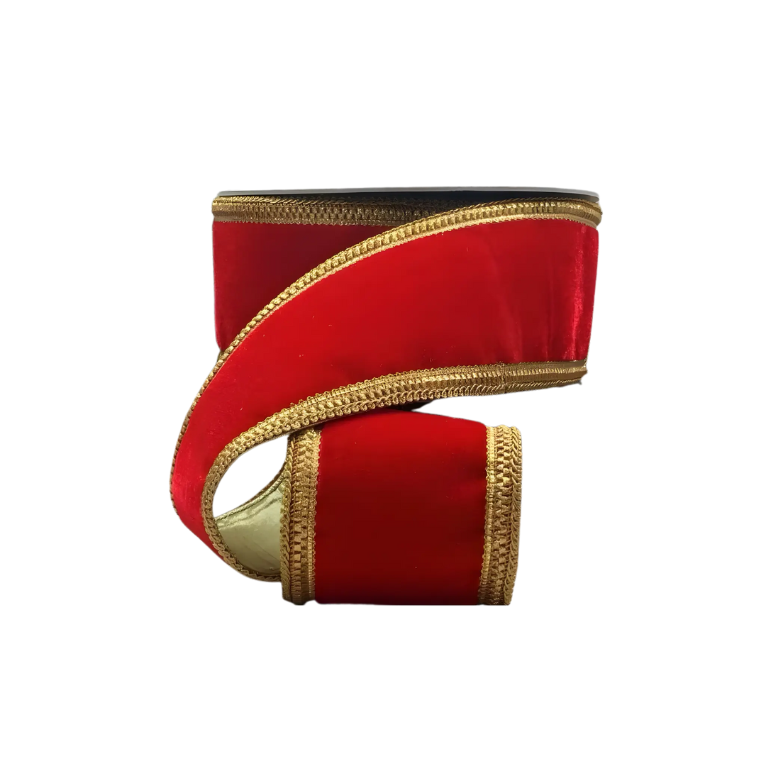 D. Stevens red velvet ribbon with gold trim and backing from Mood by DMJ, 4 inch wide red velvet ribbon with gold trim and metallic backing