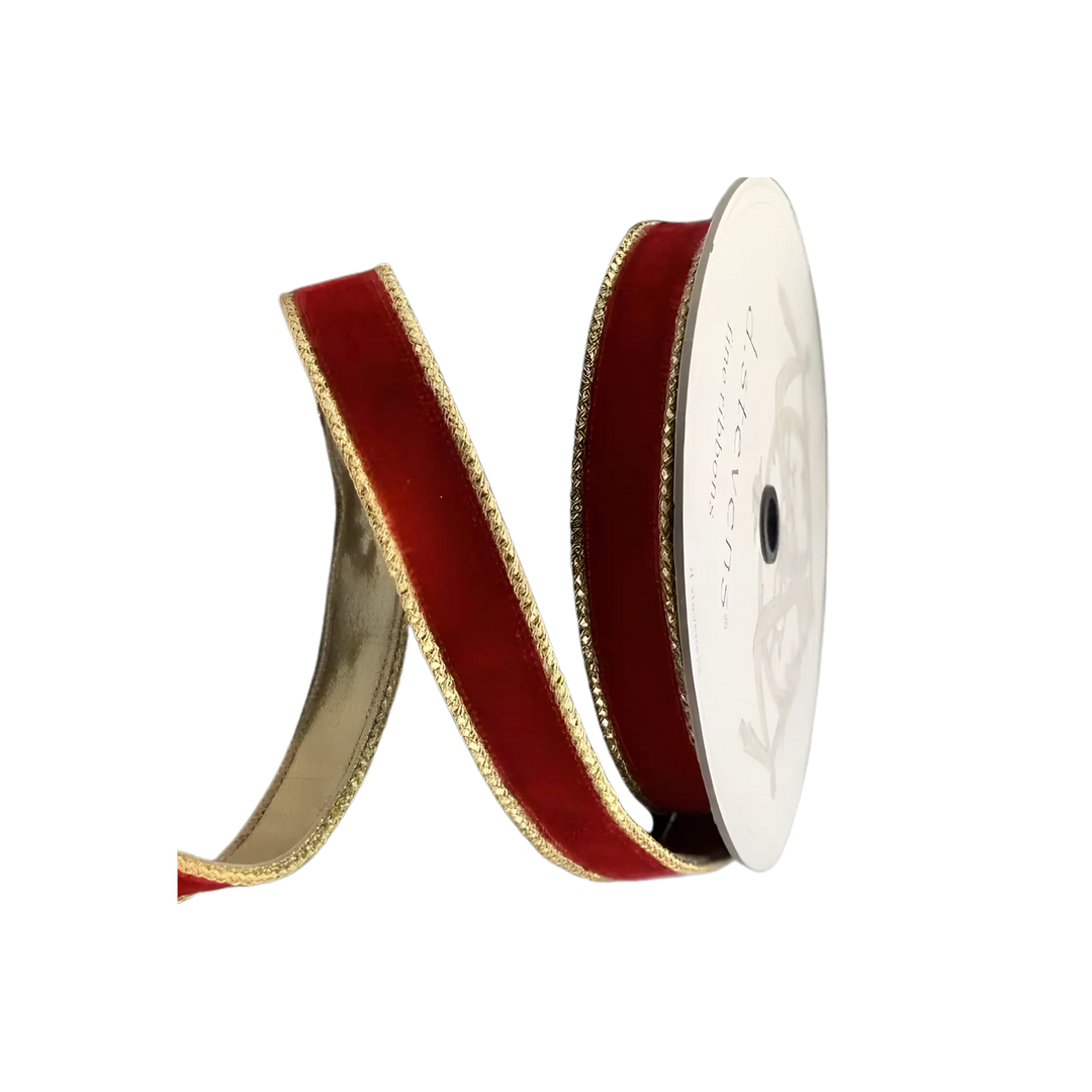 D. Stevens red velvet with gold trim ribbon from Mood by DMJ, 1 inch red velvet ribbon with gold trim
