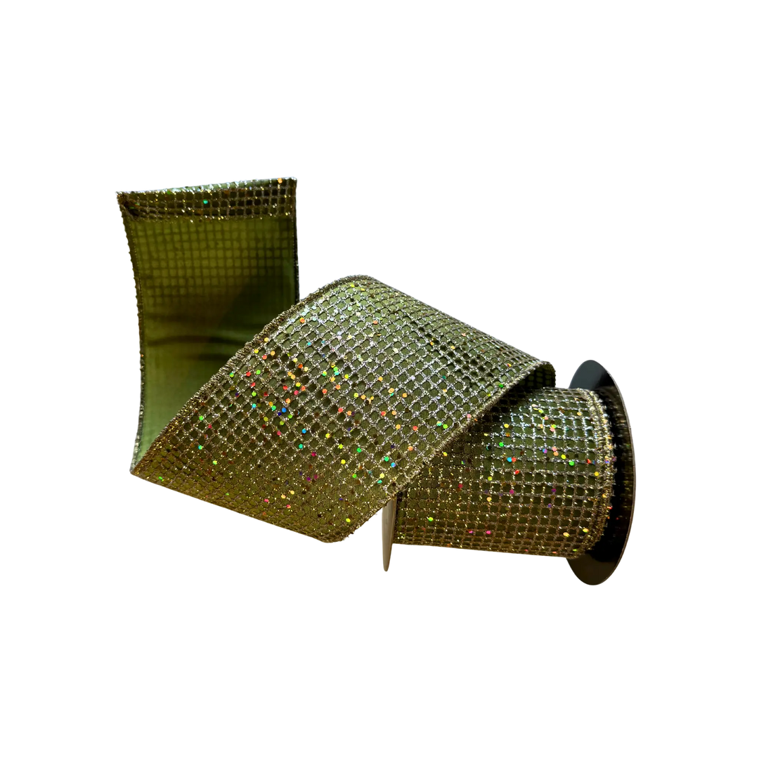 D. Stevens sage green taffeta ribbon with glitter mesh from Mood by DMJ, 4 inch wide sage green taffeta ribbon with glitter mesh overlay