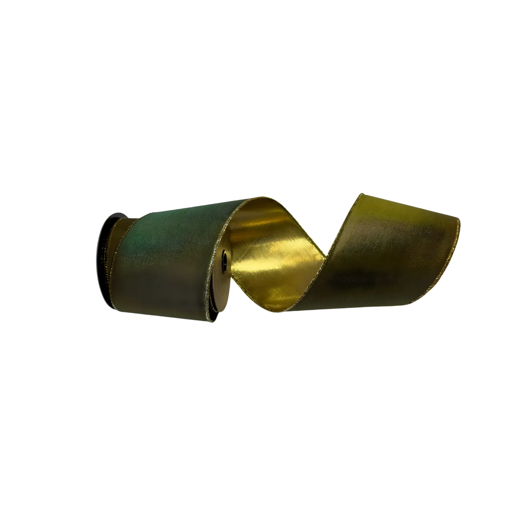 D. Stevens sage green taffeta ribbon with gold back from Mood by DMJ, 4 inch wide sage green taffeta ribbon with metallic gold backing
