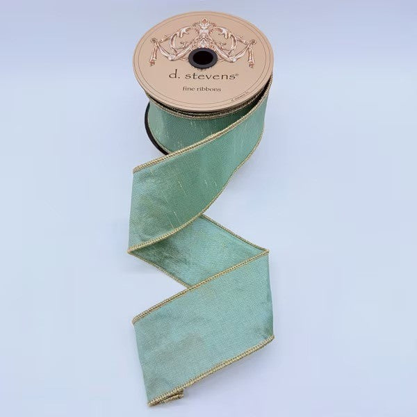 D. Stevens spa dupion ribbon with matching back from Mood by DMJ, 2.5 inch wide soft spa blue-green dupion ribbon with gold edge