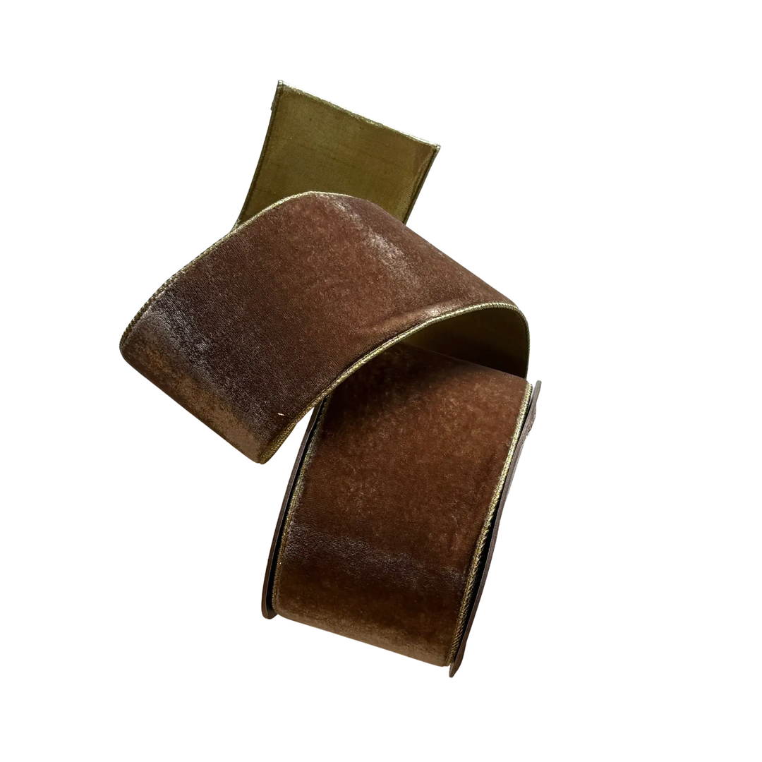 D. Stevens walnut velvet ribbon with metallic gold back from Mood by DMJ, 4 inch wide walnut brown velvet ribbon with gold backing for wreaths and trees