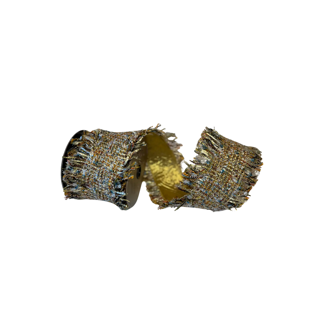 D. Stevens white, gold, and blue bouclé ribbon from Mood by DMJ, 4 inch wide white, gold, and blue bouclé ribbon