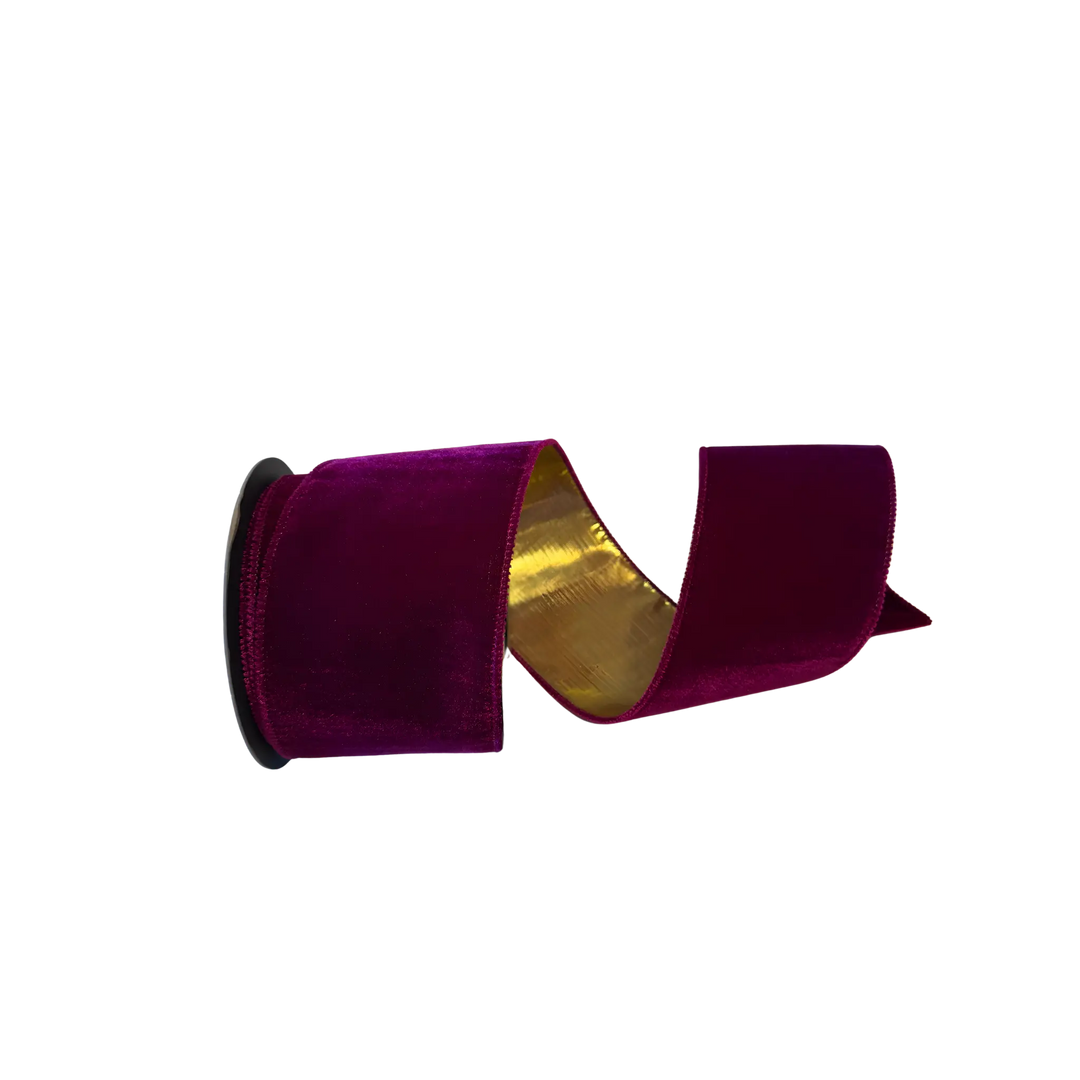 D. Stevens wine velvet ribbon with gold lame backing from Mood by DMJ, 4 inch wide wine velvet ribbon with gold lame backing