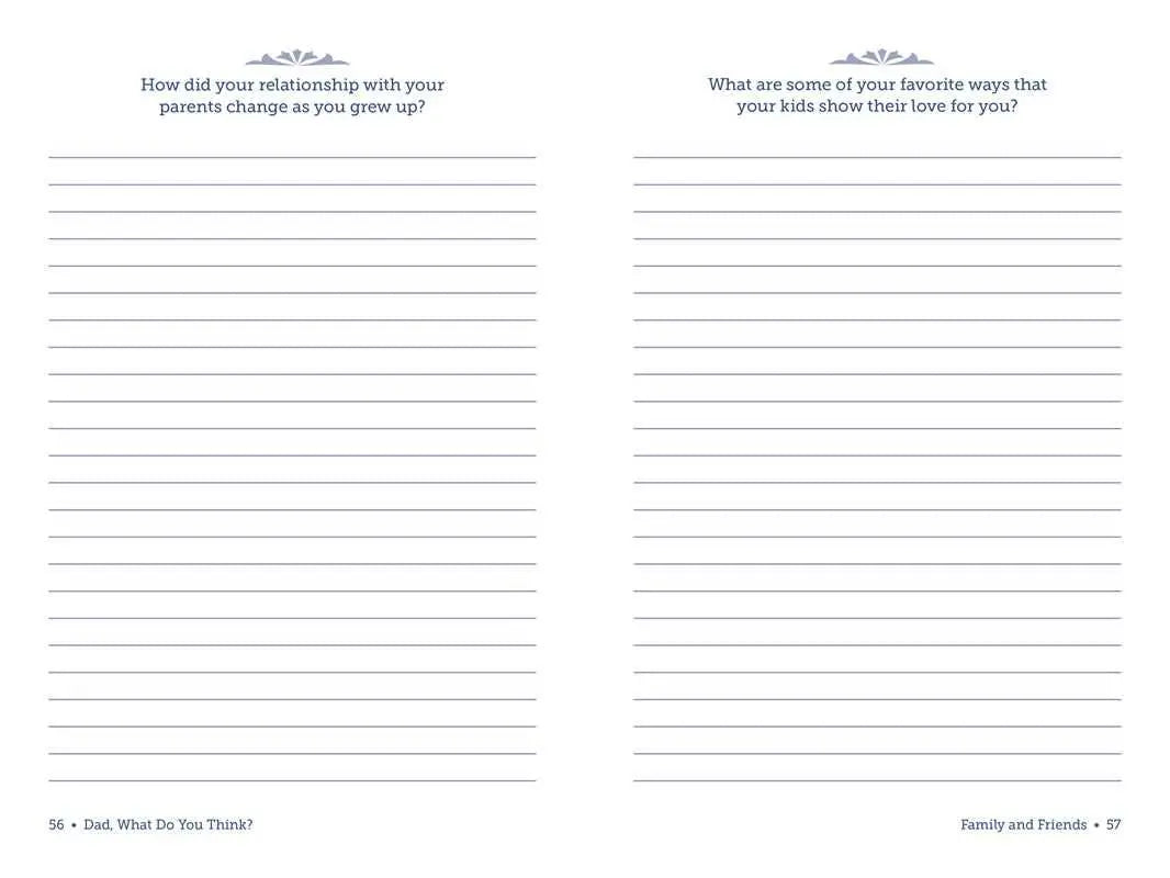 Dad, What Do You Think? journal pages from Adams Media with Family and Friends prompts and lined writing space