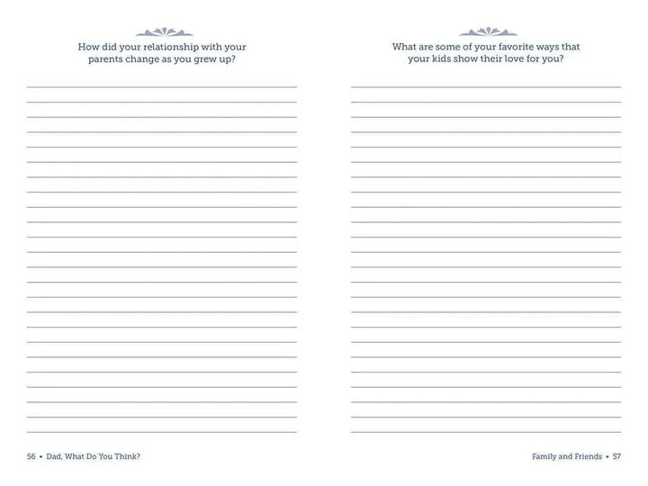 Dad, What Do You Think? journal pages from Adams Media with Family and Friends prompts and lined writing space
