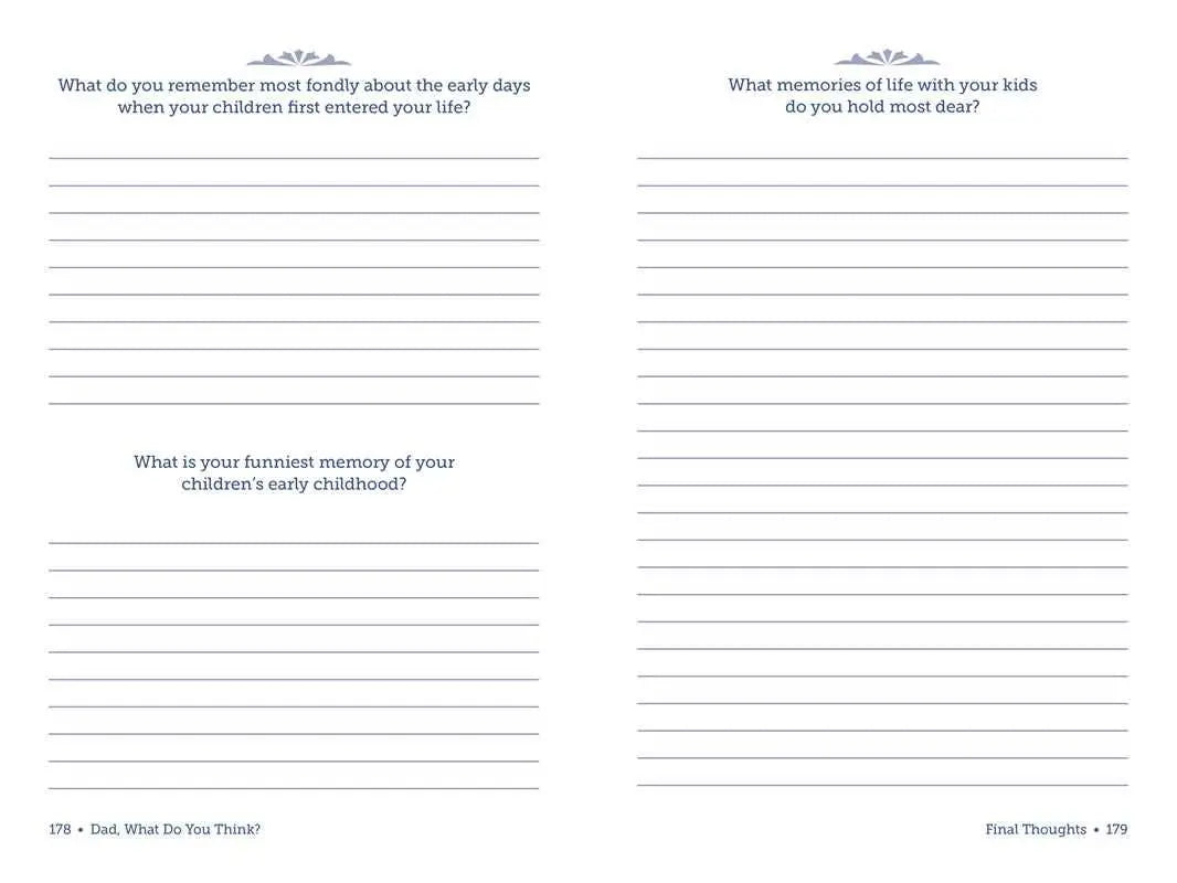 Final Thoughts prompts about favorite family memories in the Dad, What Do You Think? journal by Adams Media