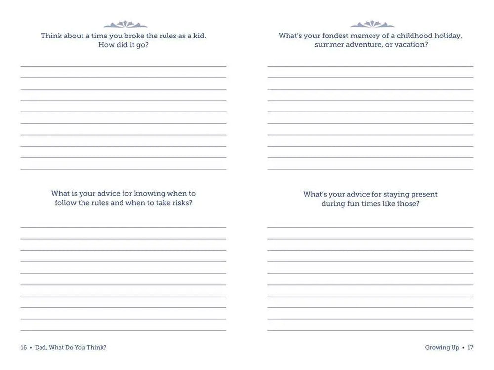Inside Dad, What Do You Think? by Adams Media, Growing Up prompts about breaking the rules and childhood vacations