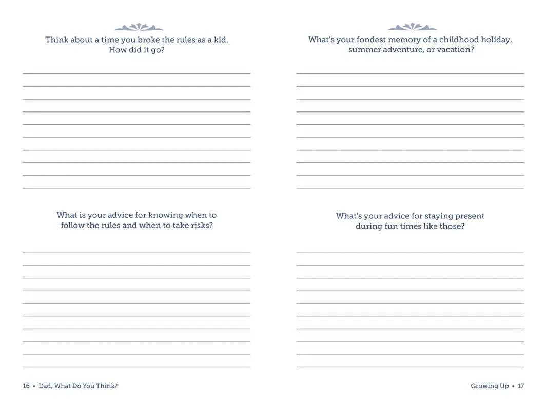 Inside Dad, What Do You Think? by Adams Media, Growing Up prompts about breaking the rules and childhood vacations