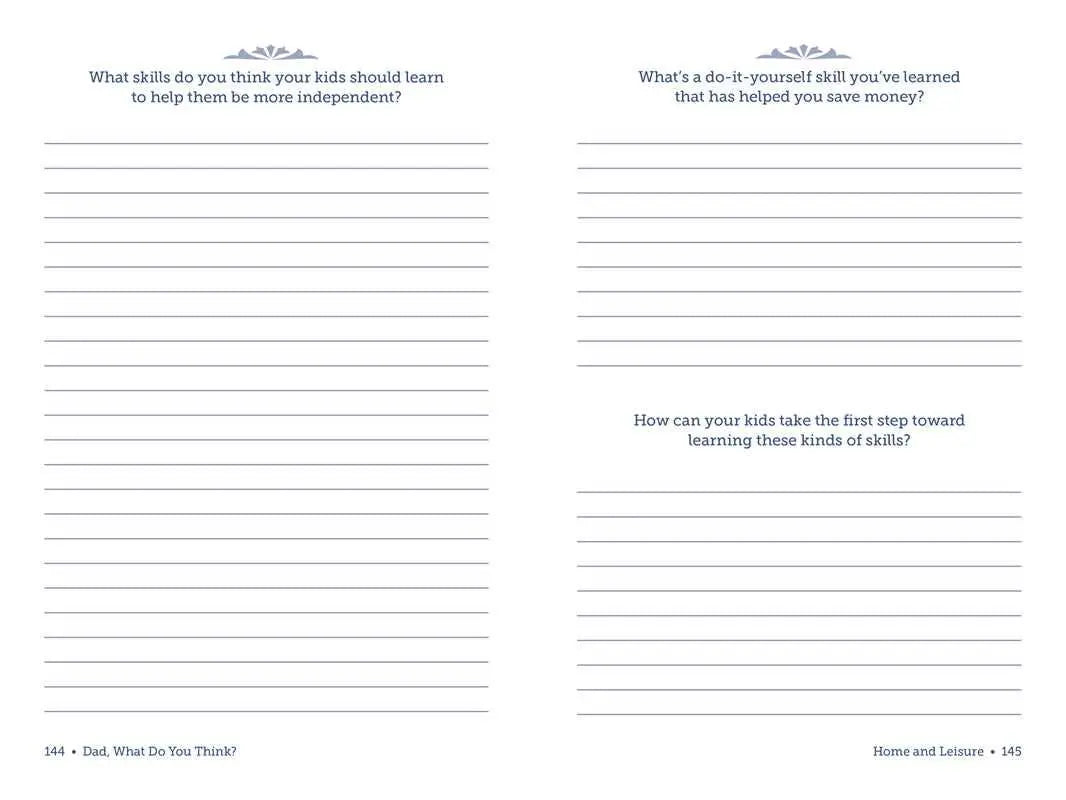 Home and Leisure pages in Dad, What Do You Think? by Adams Media, with prompts on skills and independence