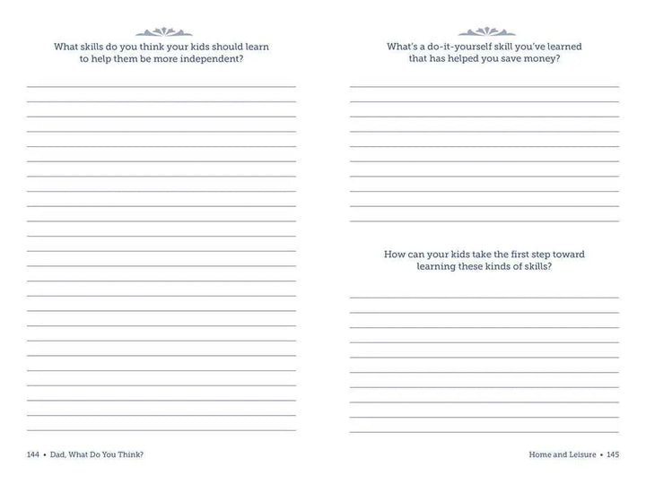 Home and Leisure pages in Dad, What Do You Think? by Adams Media, with prompts on skills and independence