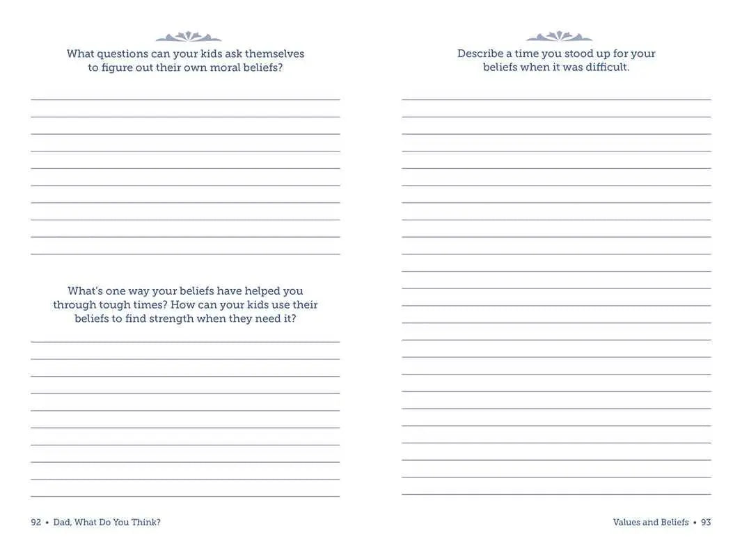Values and Beliefs prompts inside the Adams Media guided journal Dad, What Do You Think?