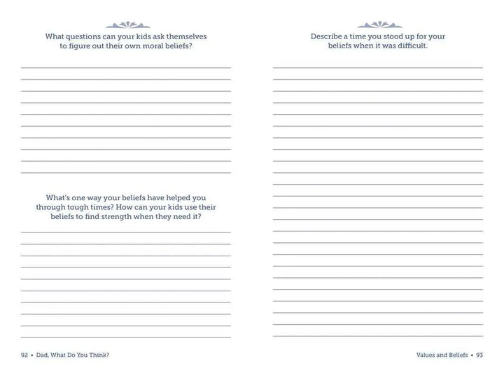 Values and Beliefs prompts inside the Adams Media guided journal Dad, What Do You Think?