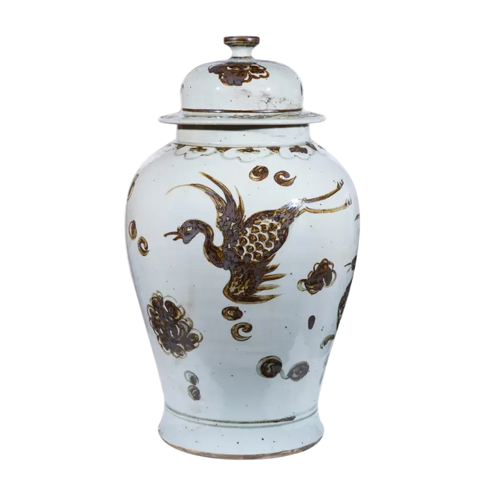 Distressed Chinoiserie Crane Ceramic Temple Jar with lid - handcrafted ginger jar featuring brown crane motif on ivory glaze