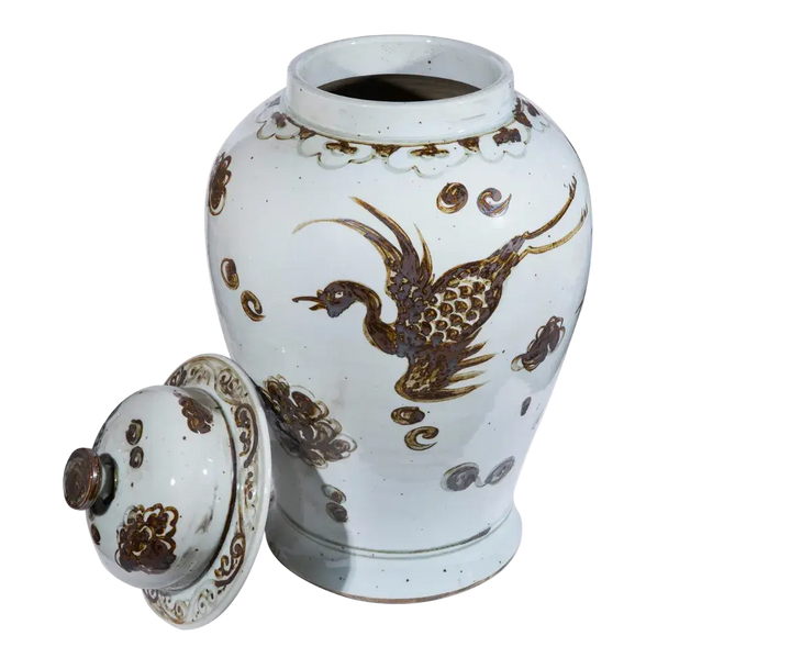 Distressed Chinoiserie Crane Ceramic Temple Jar with lid removed showing brown crane and cloud motif on ivory ginger jar