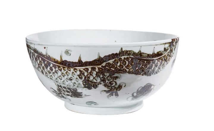 Distressed Chinoiserie Dragon Ceramic Bowl side view showing brown dragon detailing on ivory ceramic finish