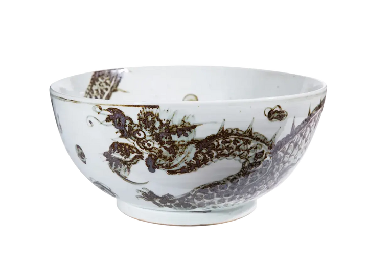 Distressed Chinoiserie Dragon Ceramic Bowl - handcrafted decorative bowl with brown dragon motif on ivory glaze