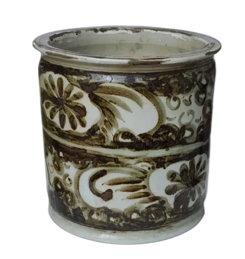 Distressed Chinoiserie Floral Ceramic Planter - handcrafted cachepot with brown and ivory floral motif for home decor