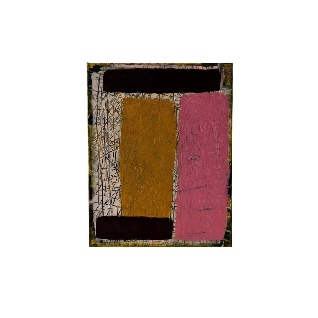 Scratching the Surface 11x14 original mixed media abstract artwork by DMJ Art featuring warm ochre, muted pink, deep brown accents, and