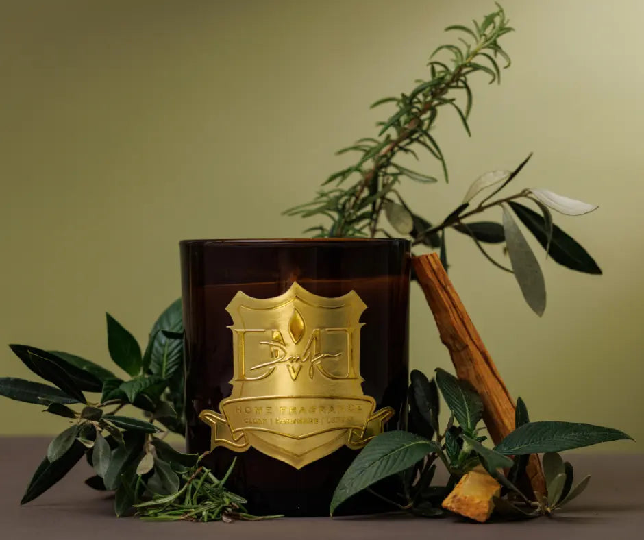 Cedros luxury Mediterranean candle by DMJ Home Fragrance in signature glass vessel, hand-poured coconut wax candle with olive wood
