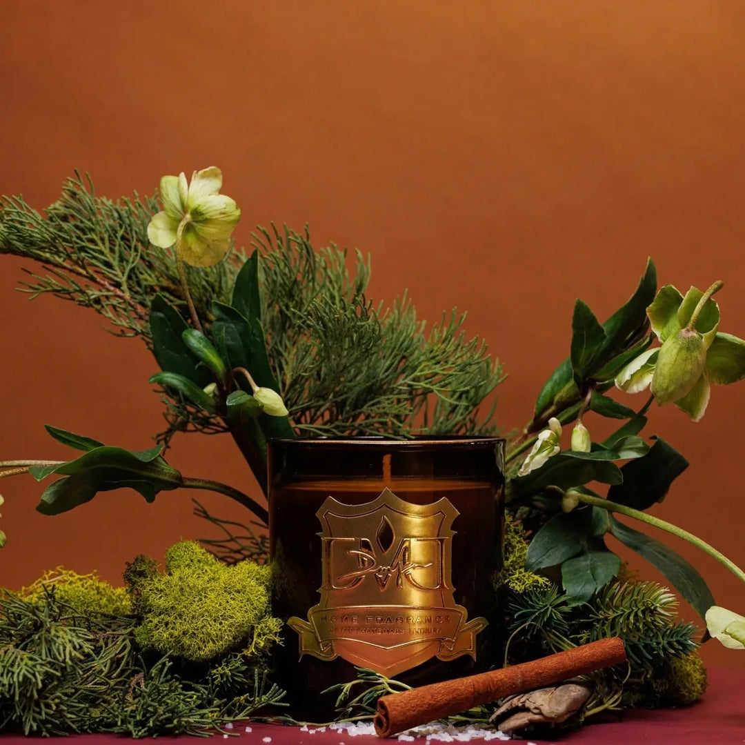 Grotto luxury coastal candle by DMJ Home Fragrance in signature glass vessel, hand-poured coconut wax candle with cypress, sea salt, thyme
