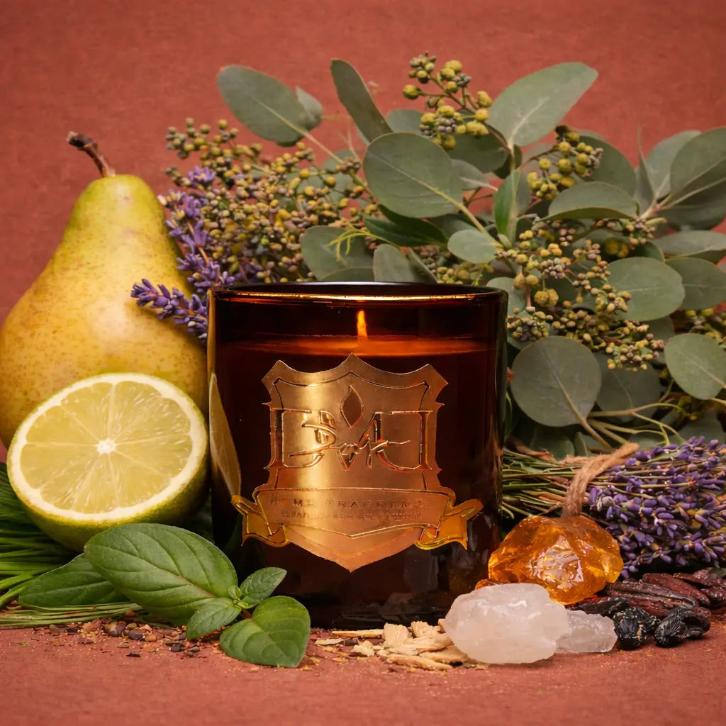 DMJ Home Fragrance Pillow Talk luxury bedroom candle in amber glass vessel, hand-poured coconut wax candle scented with pear, bergamot