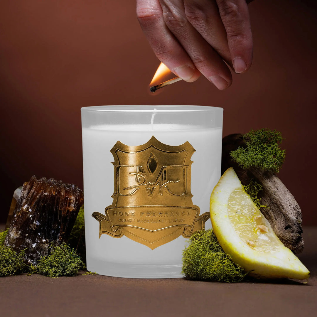 Signature No. 94 luxury oud candle by DMJ Home Fragrance in white signature glass vessel, hand-poured coconut wax candle with bergamot