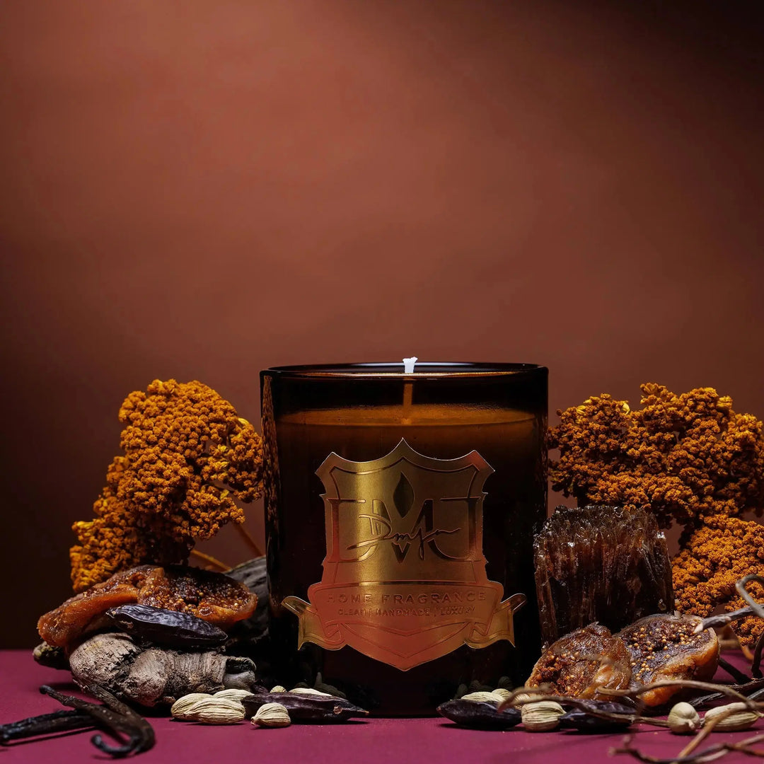 Sweet Pepper luxury spiced wood candle by DMJ Home Fragrance in signature amber glass vessel, hand-poured coconut wax candle with black
