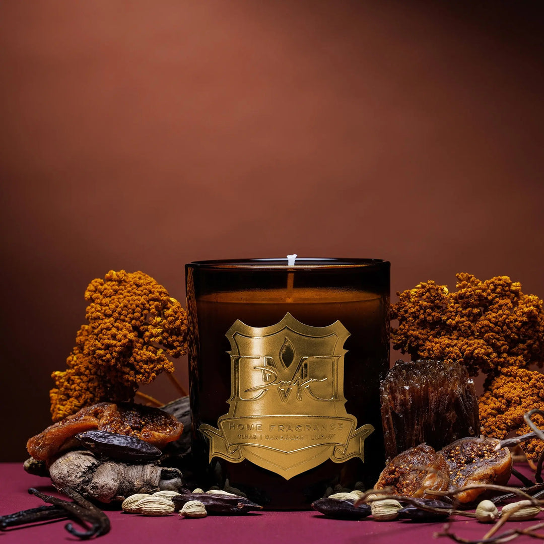 Velvet best-selling luxury candle by DMJ Home Fragrance in signature glass vessel, hand-poured coconut wax candle with black tea, fig