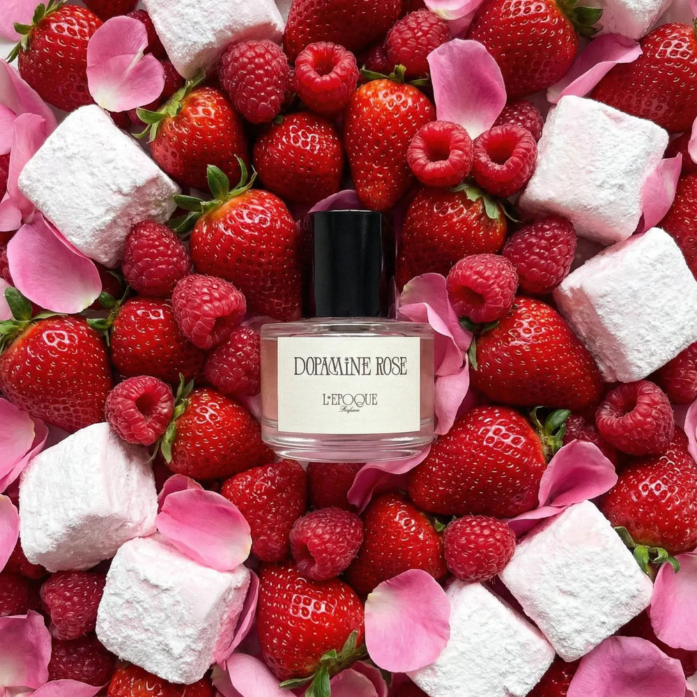 Dopamine Rose fruity rose extrait de parfum lay-flat, raspberry, marshmallow, rose, L’Epoque Parfums
