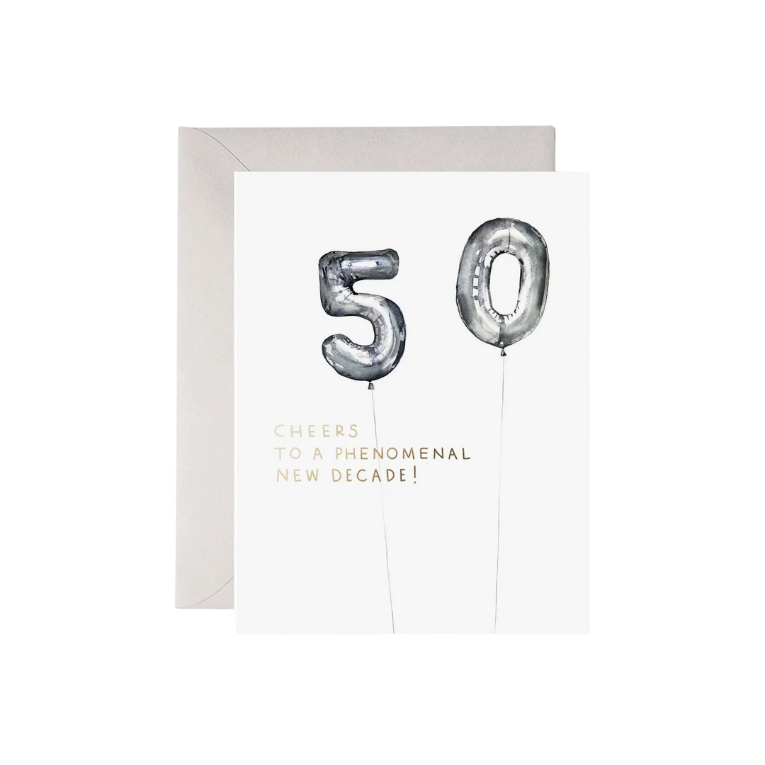 50th Balloons, Card by E. Frances, greeting card with silver number balloons and celebratory text on a white background