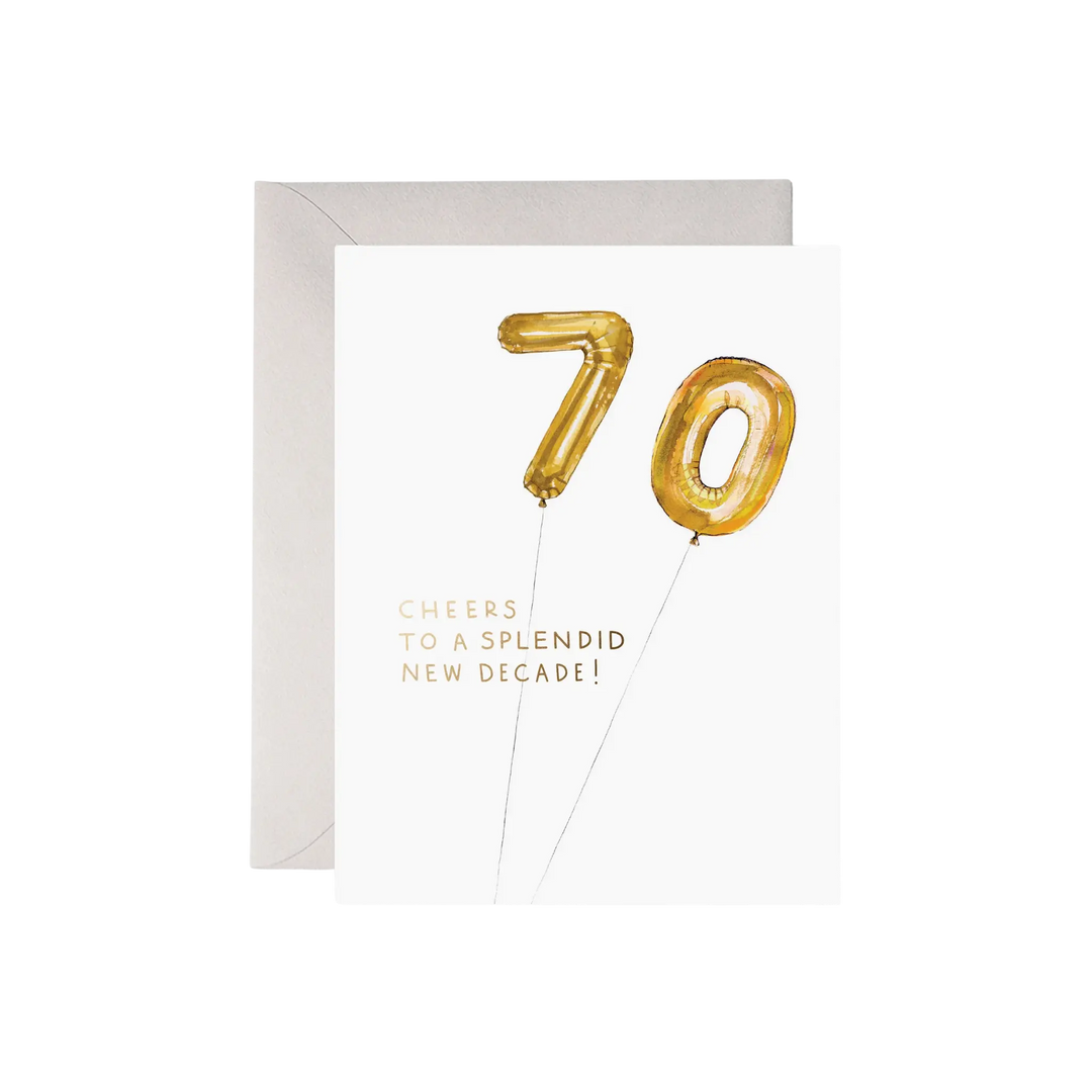 70th Balloons, Card by E. Frances, greeting card with gold number balloons and celebratory text on a white background
