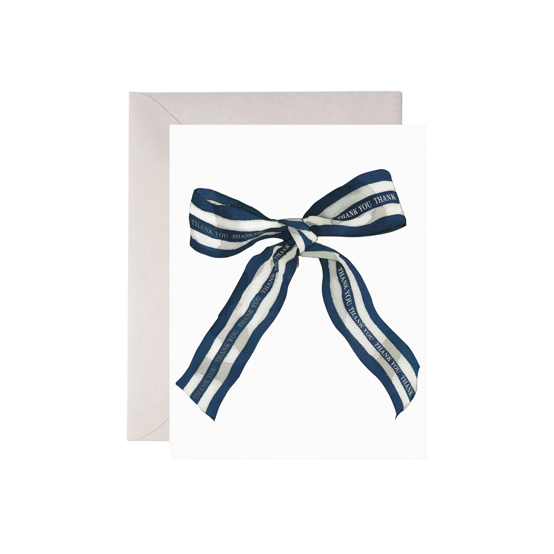 Big Bow Thank You, Card by E. Frances, blue and white striped ribbon tied in a bow on a white background
