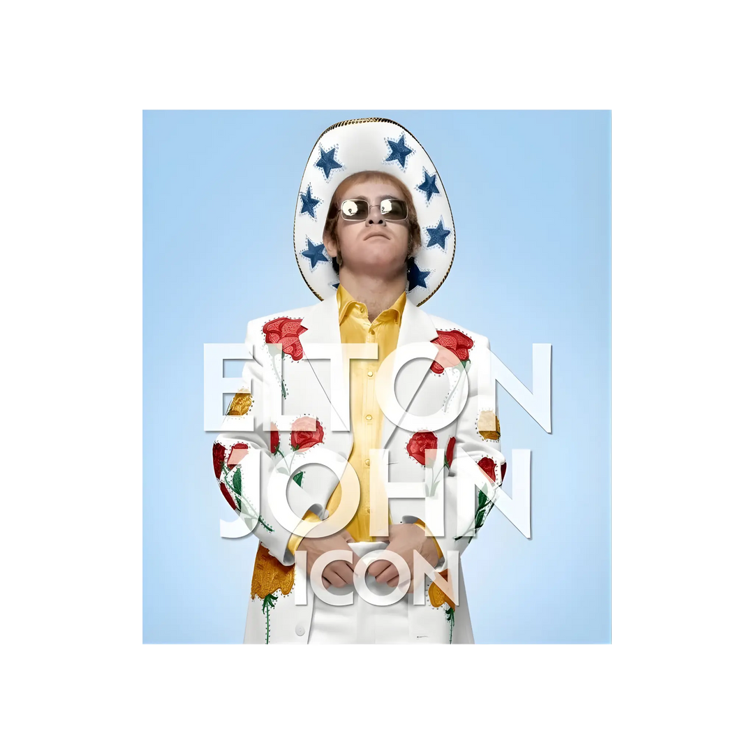 Elton John: Icon hardcover by ACC Art Books, Elton John in a star-covered hat and rose-print white suit on the cover