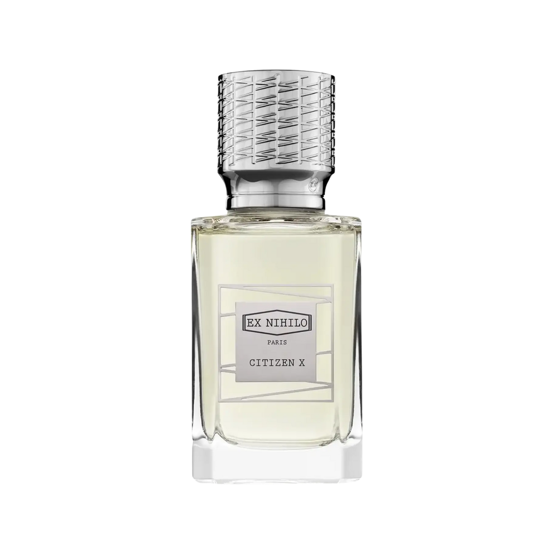 Ex Nihilo Citizen X Eau de Parfum bottle, niche fragrance with mastic tree, white pepper, iris, incense, ambery woods, and musk, Mood by DMJ