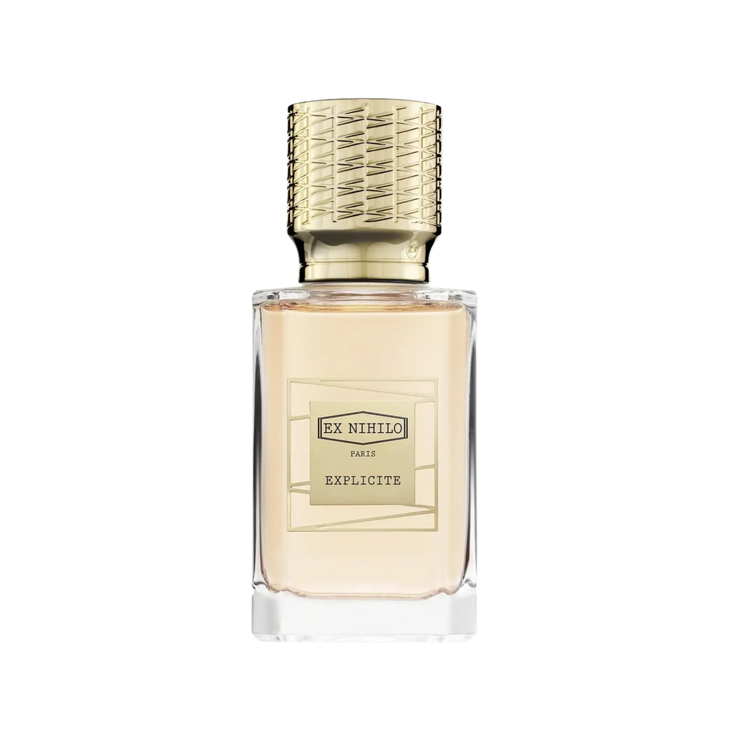 Ex Nihilo Explicite Eau de Parfum 50ml bottle – gourmand niche fragrance with nutmeg, pink pepper, peony, praline, vanilla, and sandalwood | Mood by DMJ