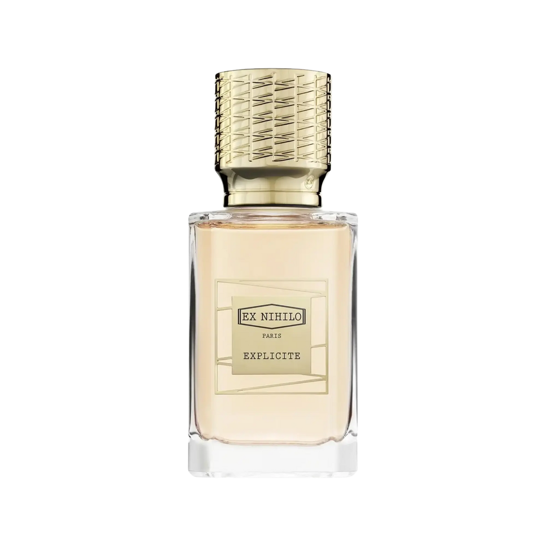 Ex Nihilo Explicite Eau de Parfum 50ml bottle, gourmand niche fragrance with nutmeg, pink pepper, peony, praline, vanilla, and sandalwood