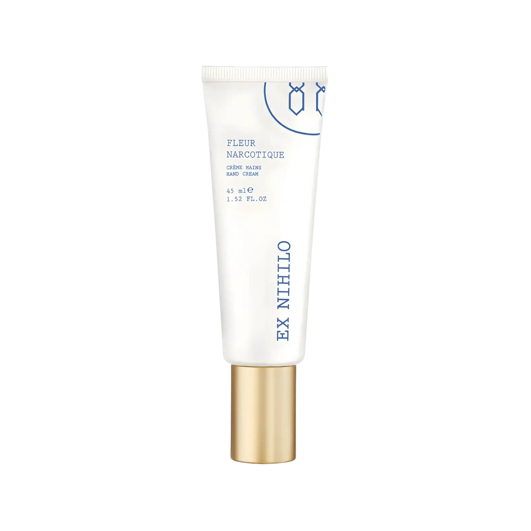 Ex Nihilo Fleur Narcotique Hand Cream, luxury moisturizer with bergamot, lychee, peony, and musk to extend the Fleur Narcotique fragrance