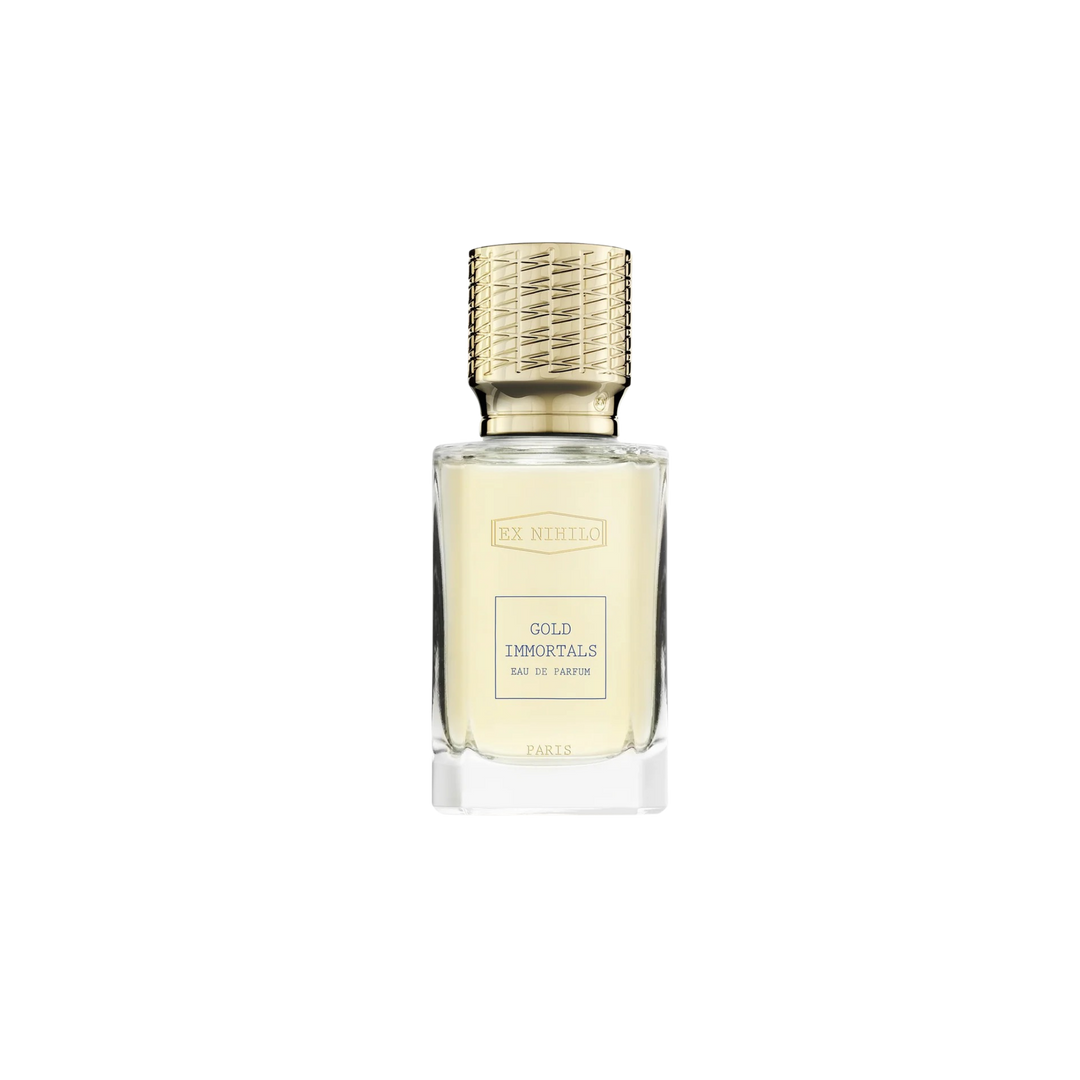 Ex Nihilo Gold Immortals Eau de Parfum 50ml bottle – luminous niche fragrance with bergamot, pear, ylang, peony, tonka bean, musk, and amber | Mood by DMJ